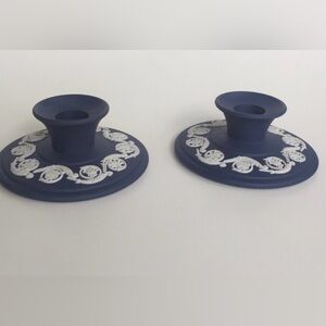 Two Wedgewood Portland Blue Jasperware Candle Holders